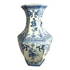 Antique Chinese Qing Dynasty 6 Sided Blue & White Floral Vase - Marked on Bottom