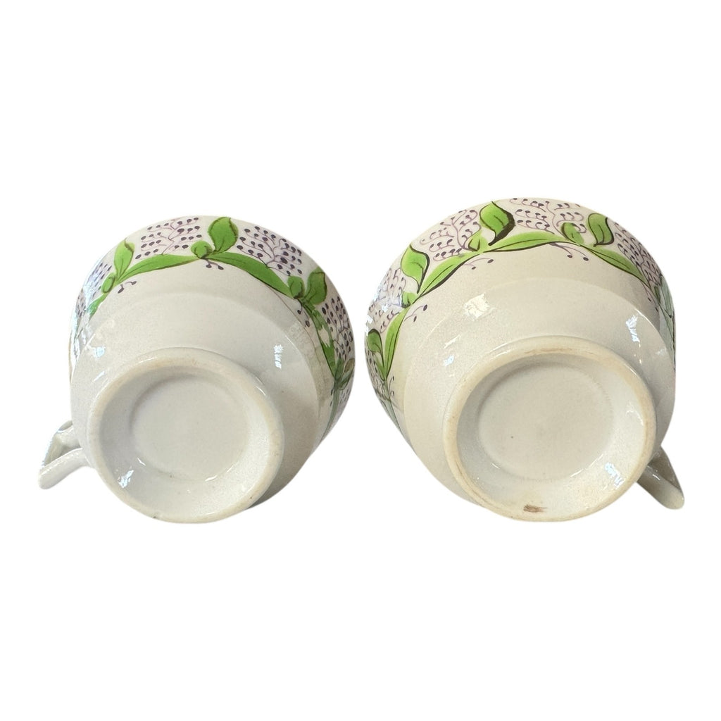 Antique Staffordshire Pearlware Hand Enameled Purple Floral Teacups