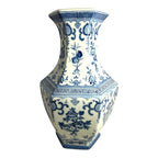 Antique Chinese Qing Dynasty 6 Sided Blue & White Floral Vase - Marked on Bottom