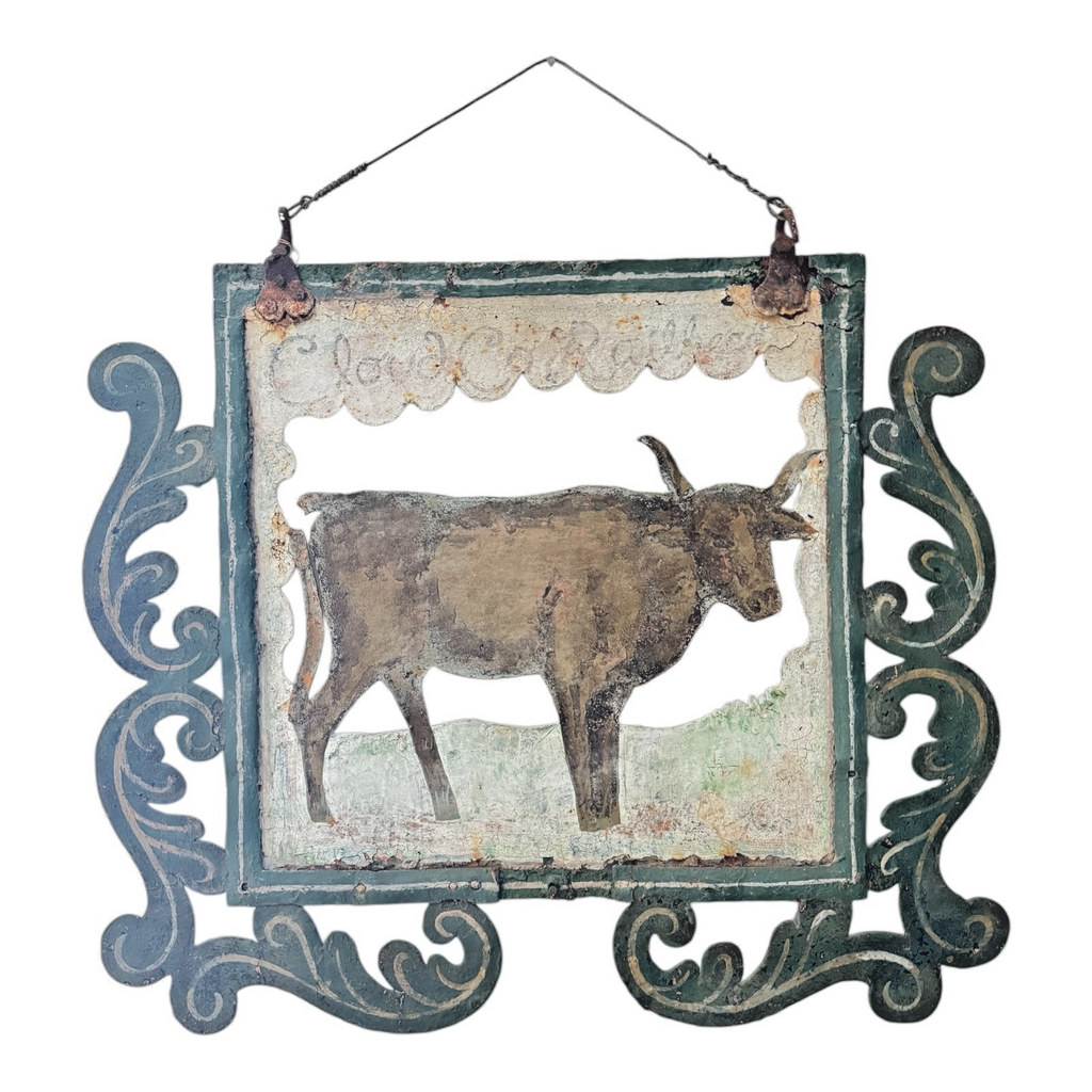 Antique Early 1900s American Folk Art Hand-Cut Metal Ranch Trade Sign, Steer/Cow