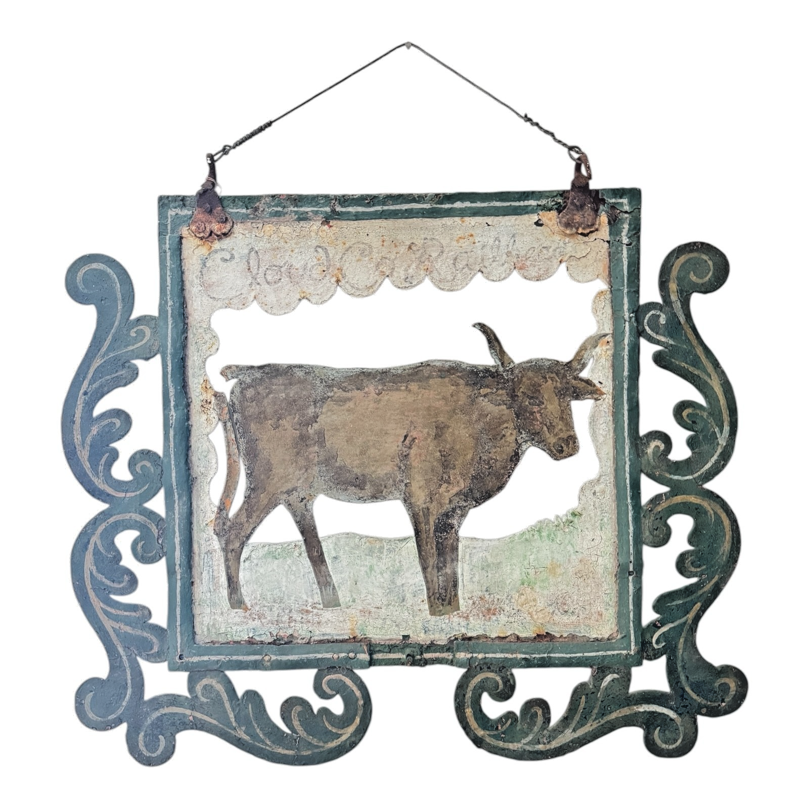 Antique Early 1900s American Folk Art Hand-Cut Metal Ranch Trade Sign, Steer/Cow