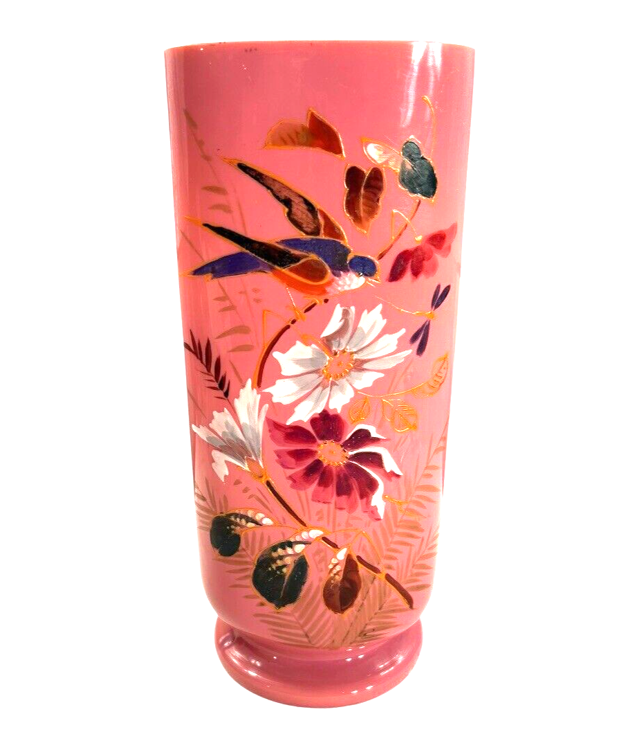 Antique French Painted Floral Opaline Pink Glass Vase