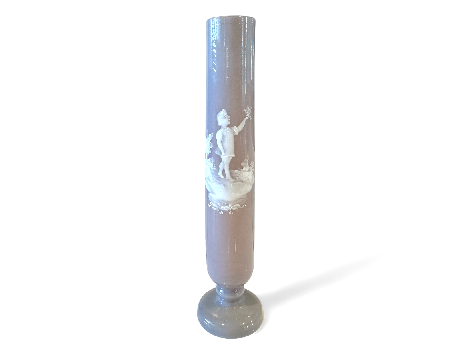 Antique Bohemian Mary Gregory Etched Purple Art Glass Bud Vase - Child Landscape