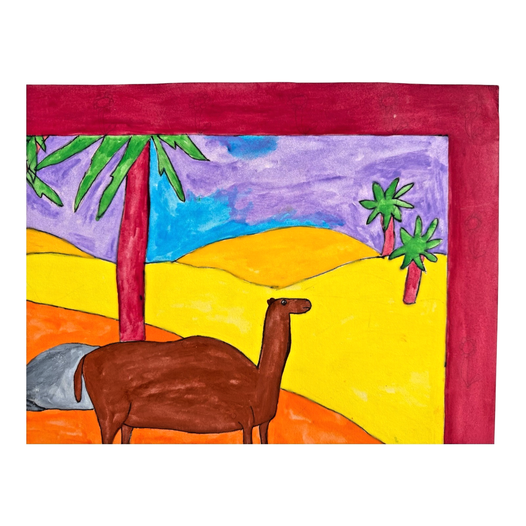 Vintage American Folk Art Primitive Outsider Art Camel Llama Painting - Signed