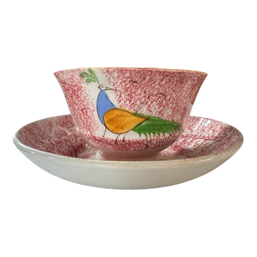 Antique Staffordshire Red Spatterware Spongeware Cup and Saucer - Peafowl Design
