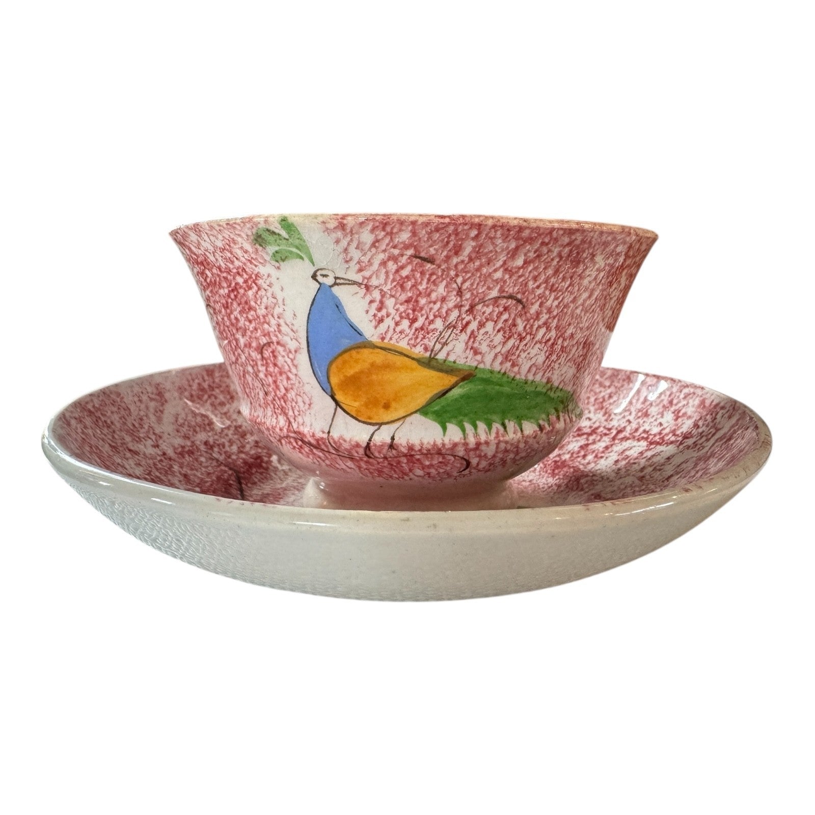 Antique Staffordshire Red Spatterware Spongeware Cup and Saucer - Peafowl Design