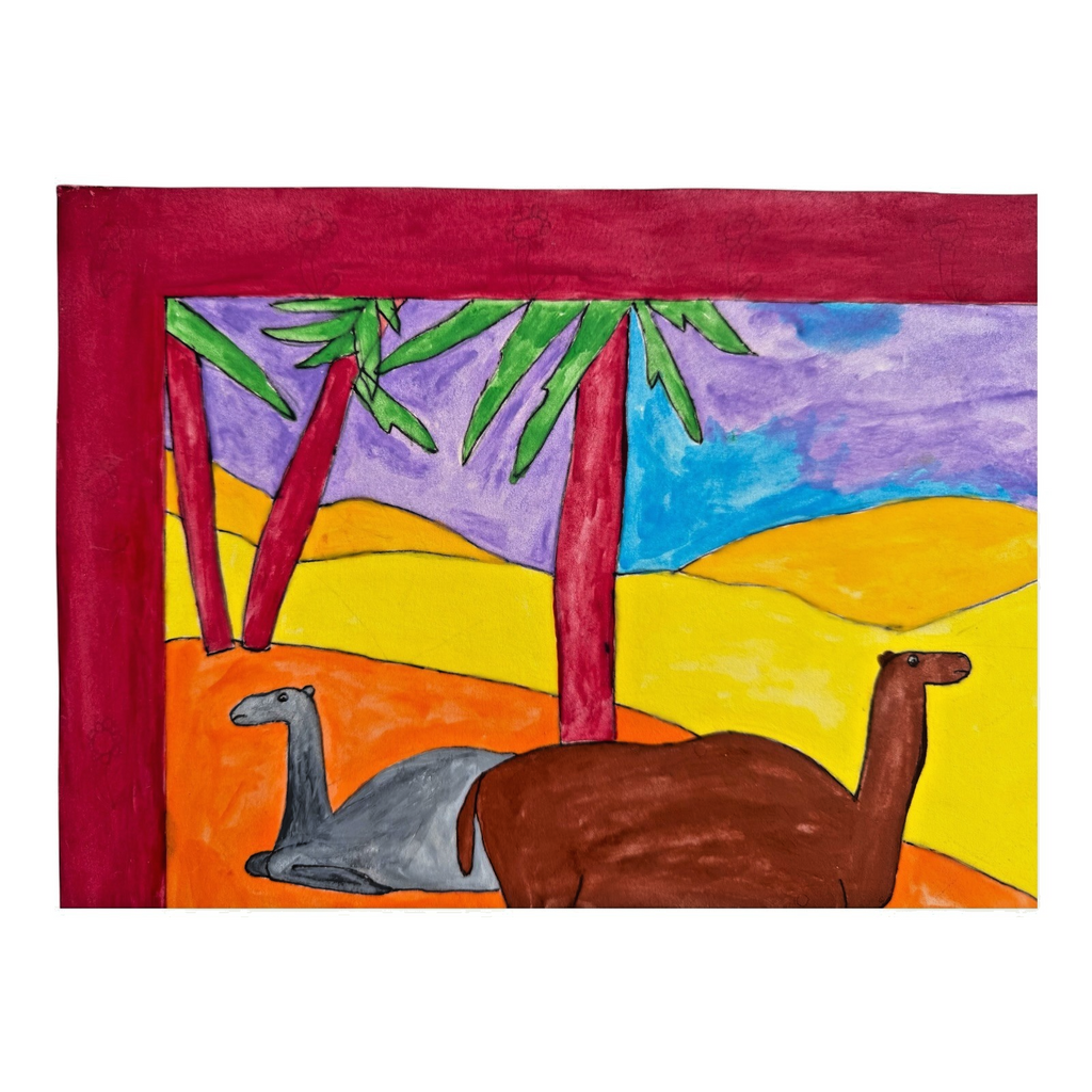 Vintage American Folk Art Primitive Outsider Art Camel Llama Painting - Signed