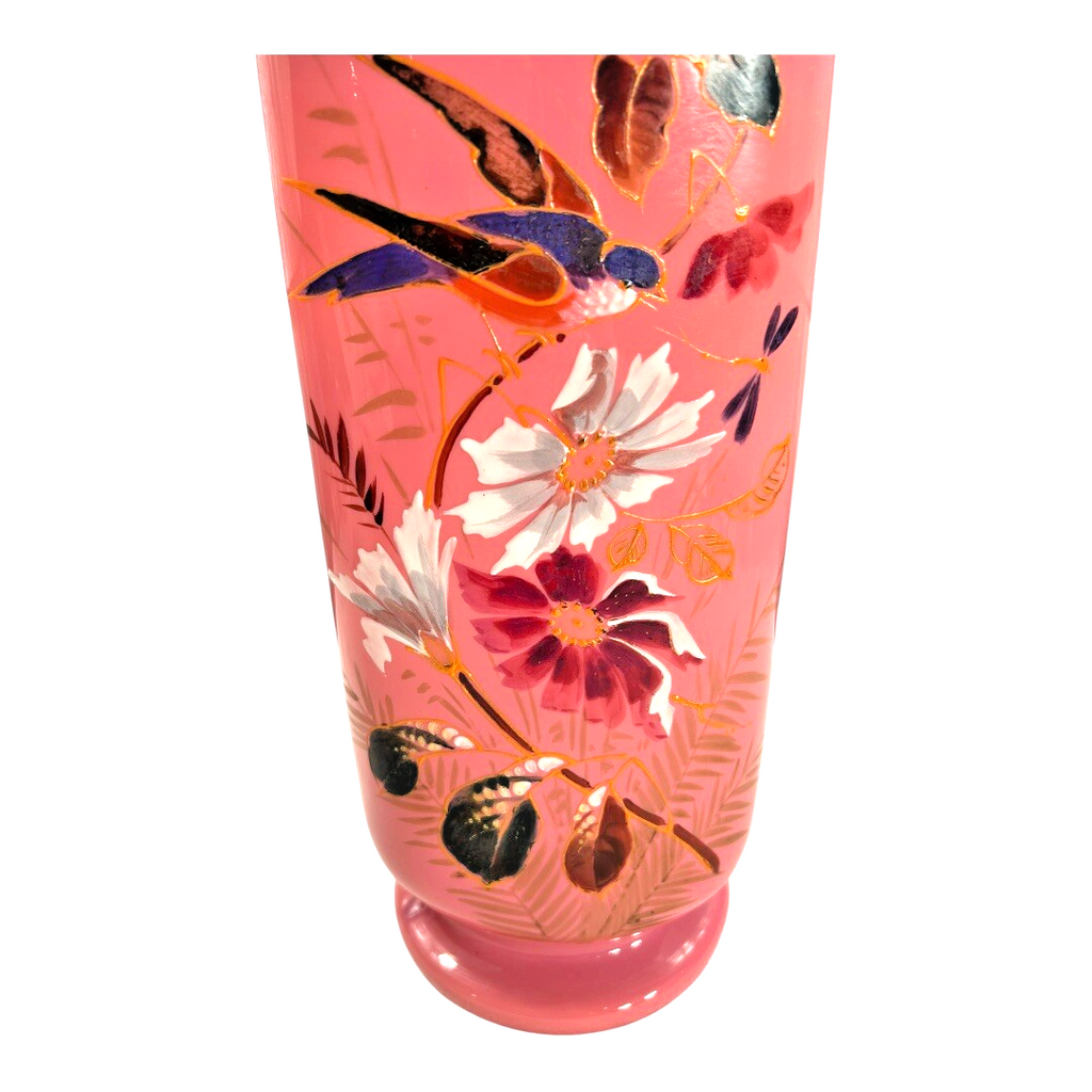 Antique French Painted Floral Opaline Pink Glass Vase