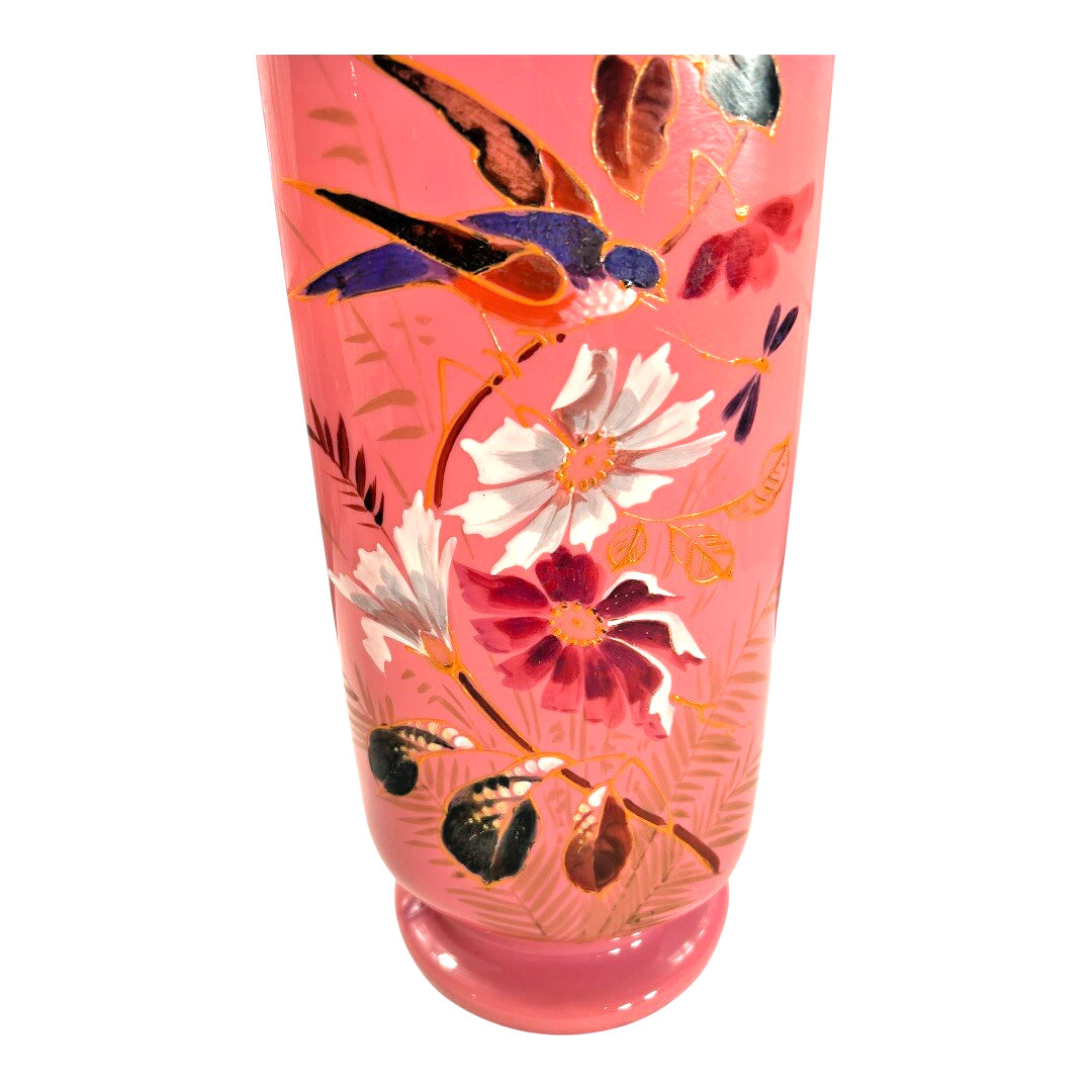 Antique French Painted Floral Opaline Pink Glass Vase