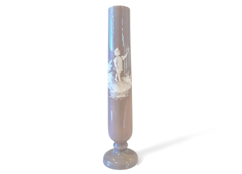 Antique Bohemian Mary Gregory Etched Purple Art Glass Bud Vase - Child Landscape