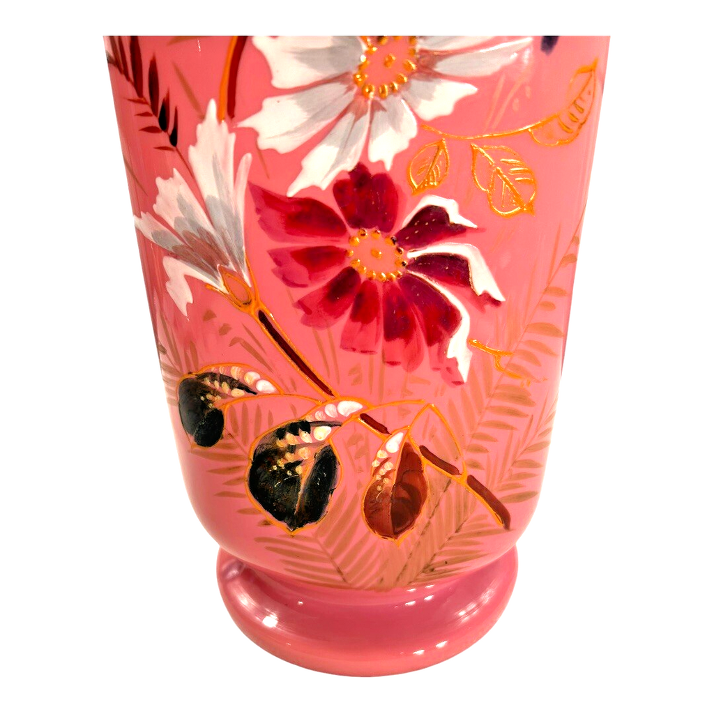 Antique French Painted Floral Opaline Pink Glass Vase