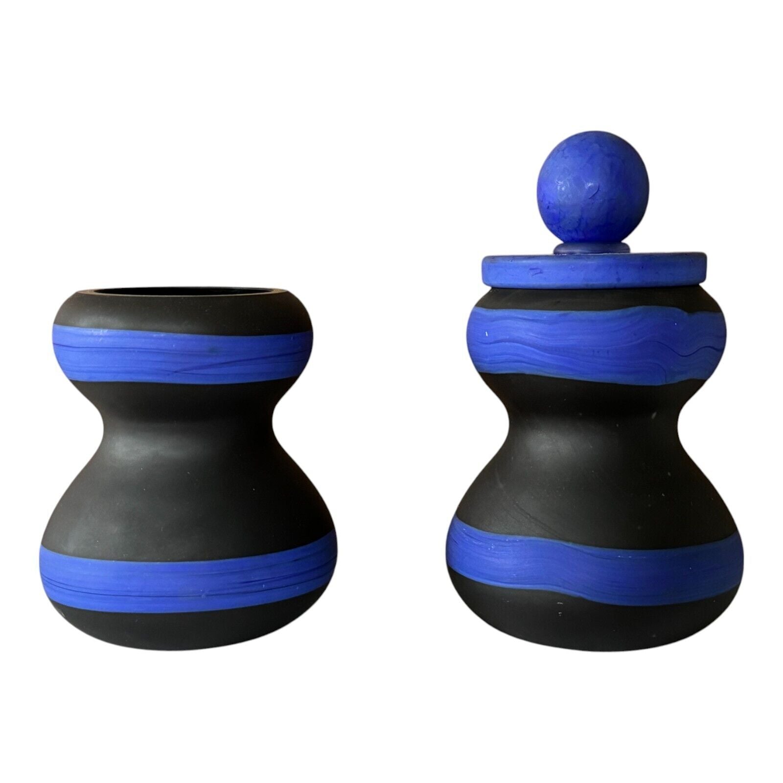 Vintage Murano Black & Blue Satin Art Glass Modernist Vases - Attr Fratelli Toso