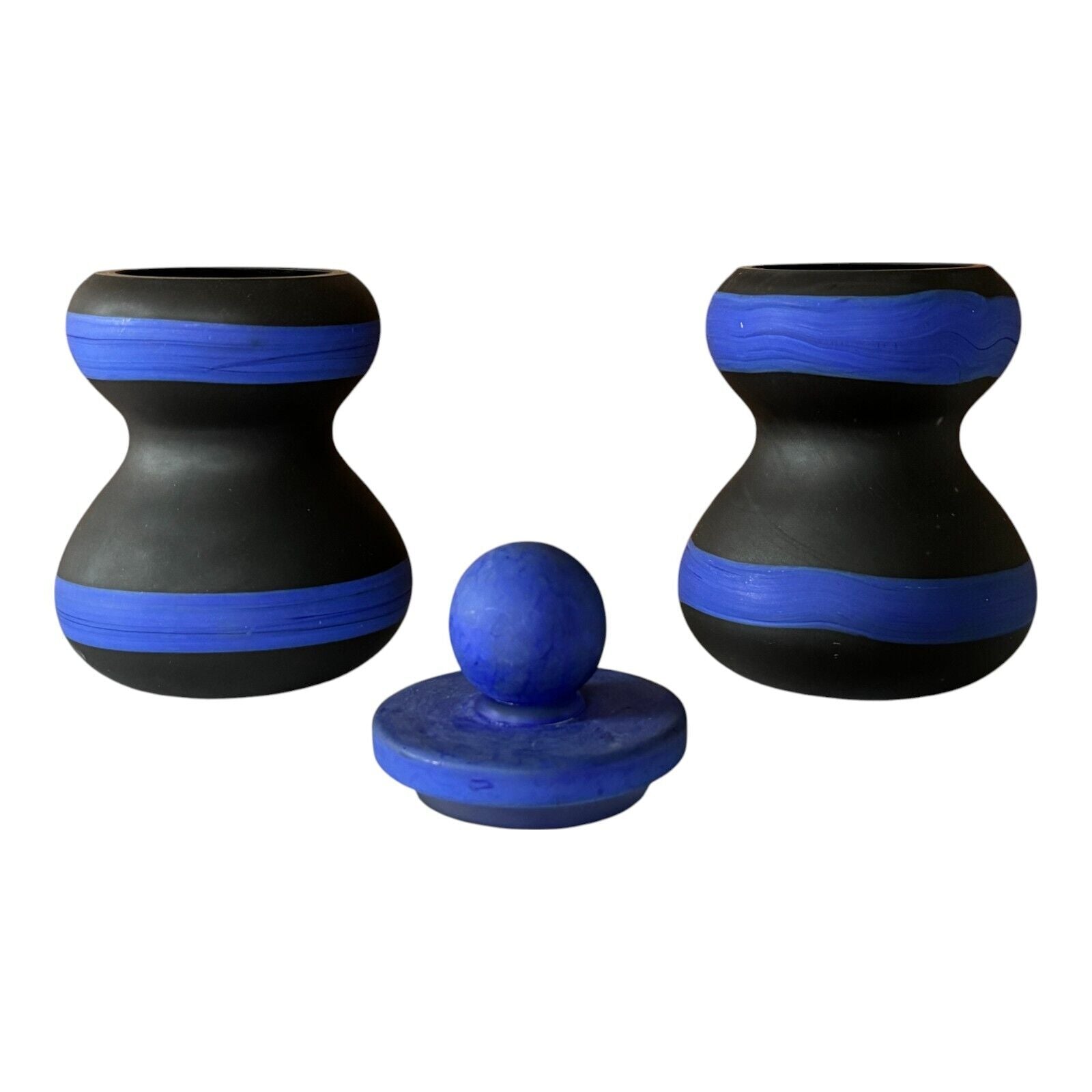 Vintage Murano Black & Blue Satin Art Glass Modernist Vases - Attr Fratelli Toso