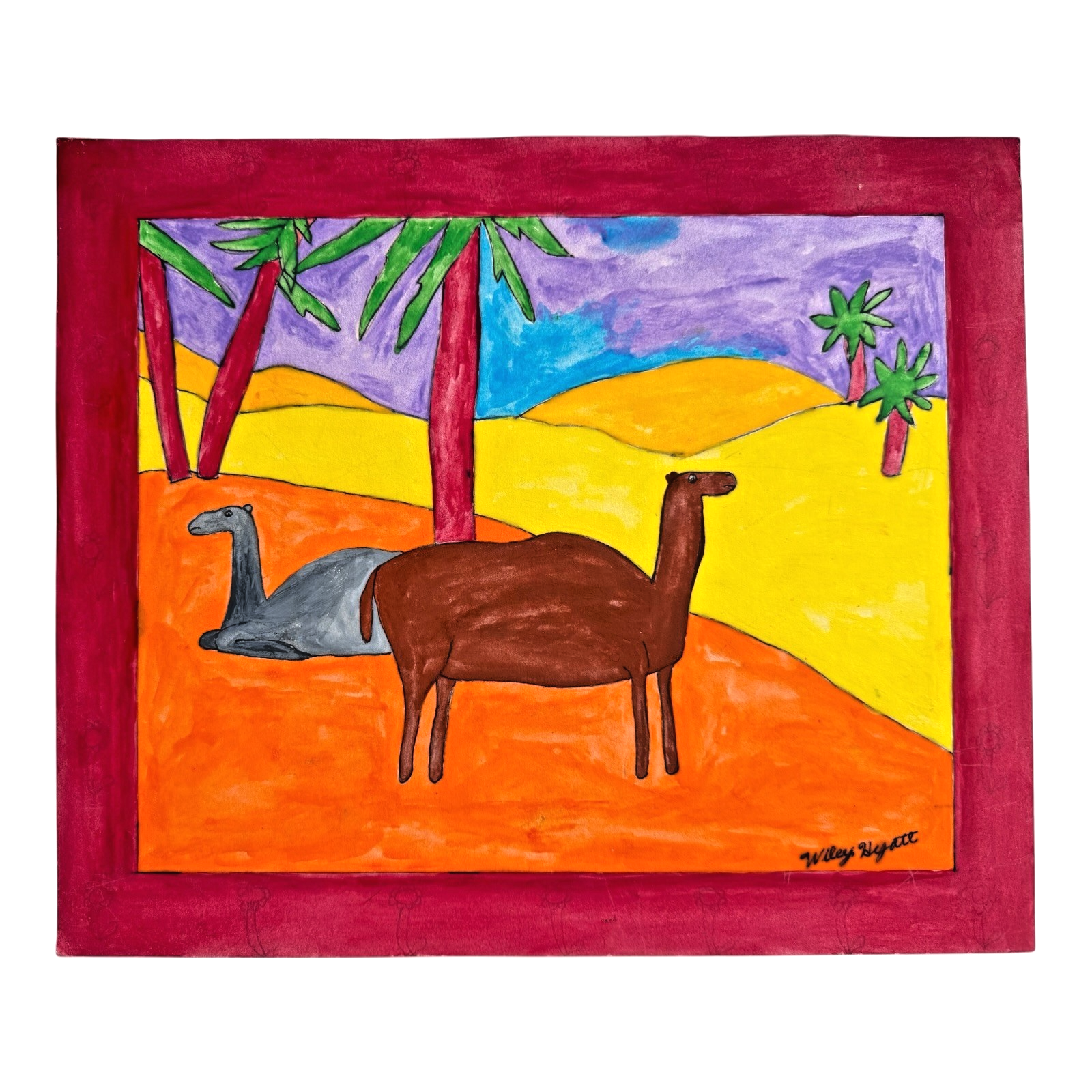 Vintage American Folk Art Primitive Outsider Art Camel Llama Painting - Signed
