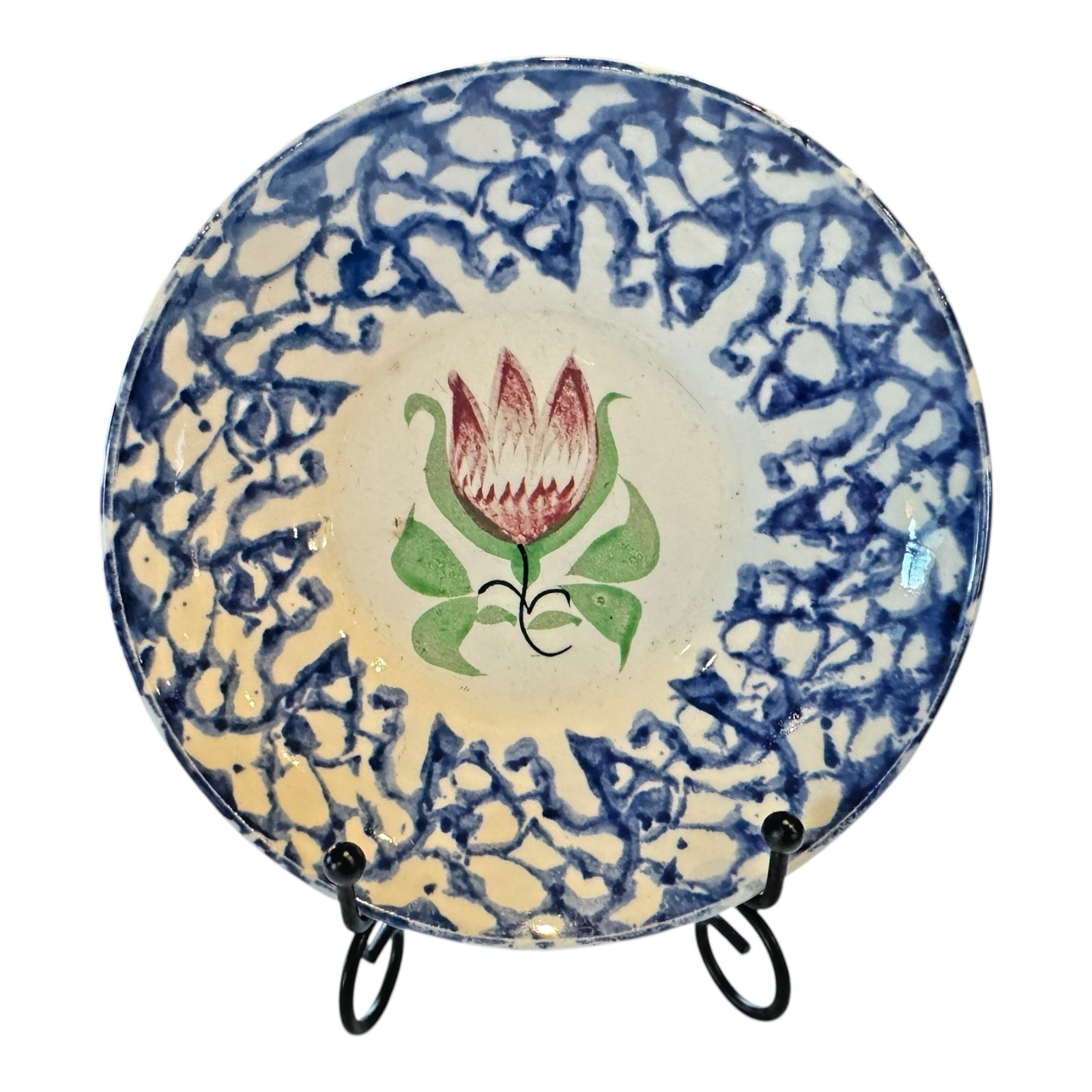 Antique Staffordshire Blue Spatterware Spongeware Cup & Saucer - Red Tulip