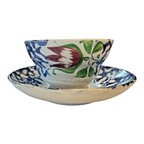 Antique Staffordshire Blue Spatterware Spongeware Cup & Saucer - Red Tulip