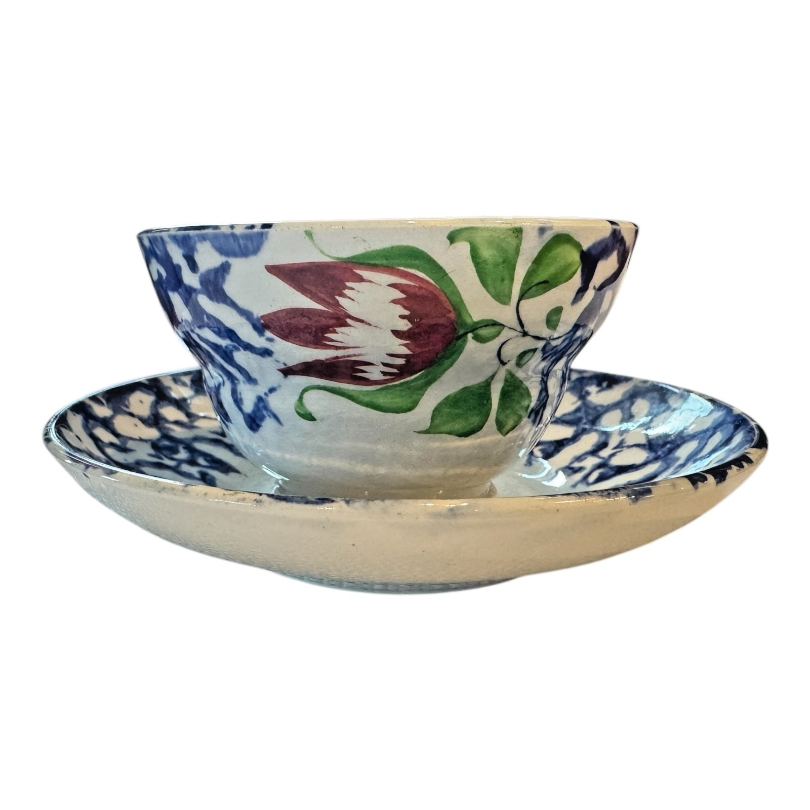 Antique Staffordshire Blue Spatterware Spongeware Cup & Saucer - Red Tulip