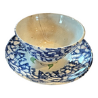 Antique Staffordshire Blue Spatterware Spongeware Cup & Saucer - Red Tulip
