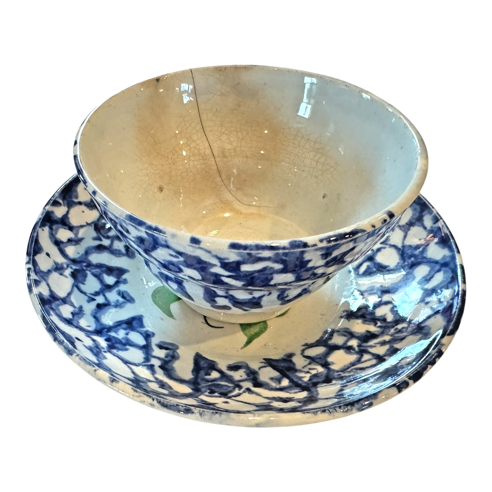 Antique Staffordshire Blue Spatterware Spongeware Cup & Saucer - Red Tulip