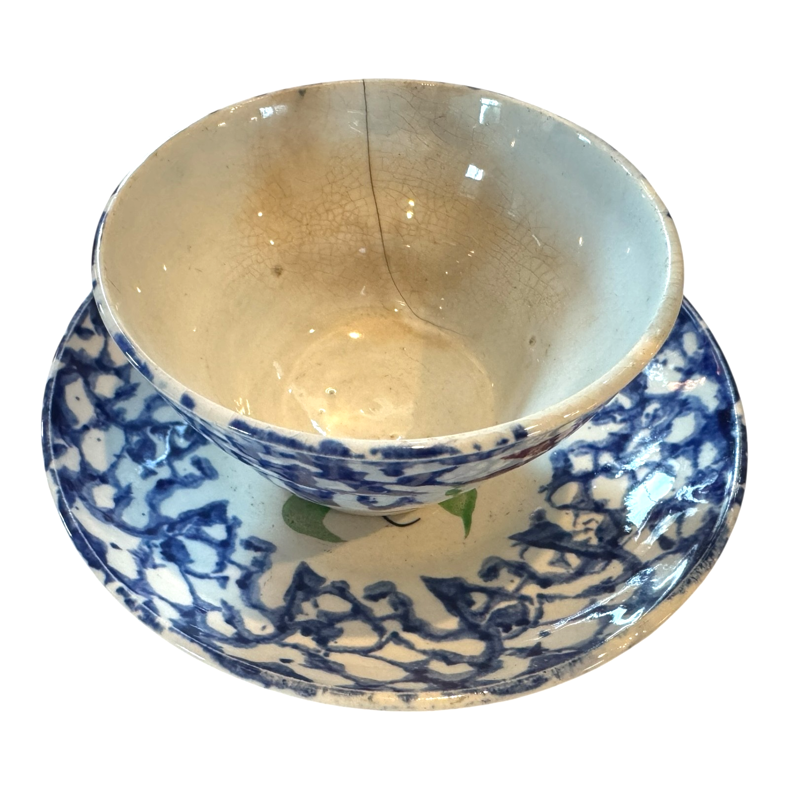 Antique Staffordshire Blue Spatterware Spongeware Cup & Saucer - Red Tulip