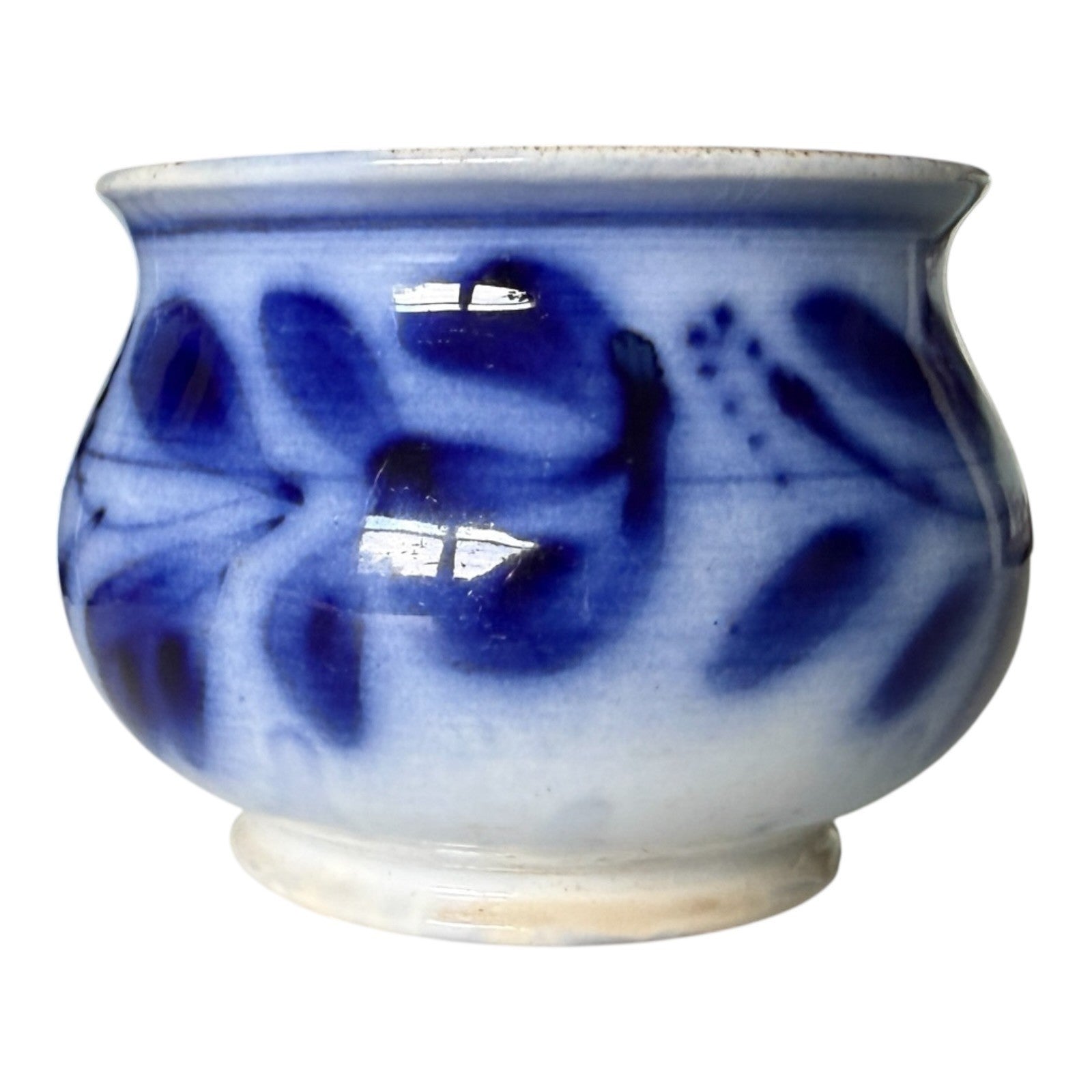 Antique Flow Blue Pottery Hand Painted Floral Jardiniere Cache Pot Bowl