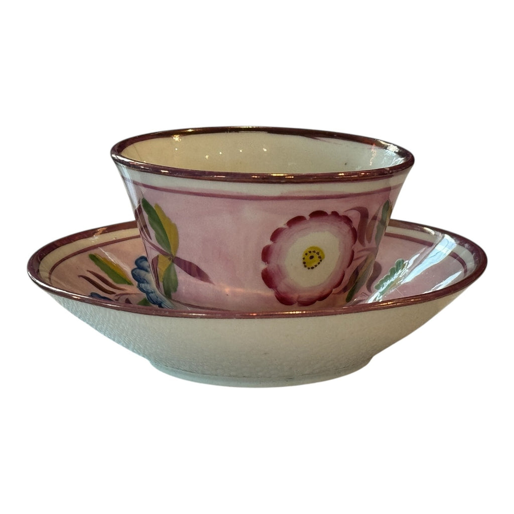 Antique Staffordshire Pink Lustre Lustreware Floral Cup & Saucer