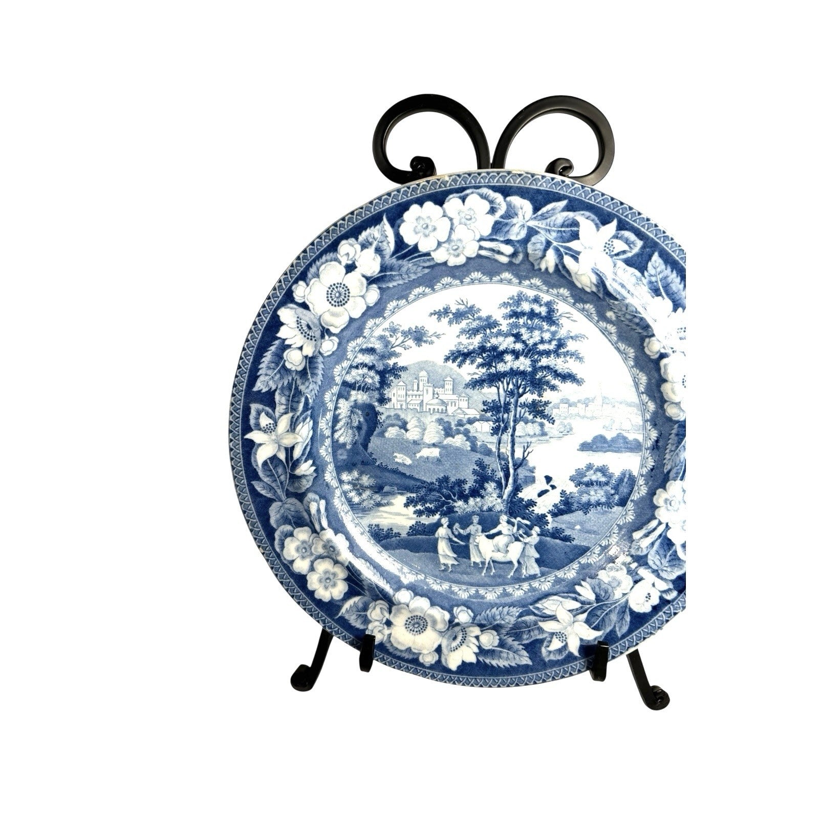 Antique Staffordshire Blue Transferware Riley Plate - Village Ladies