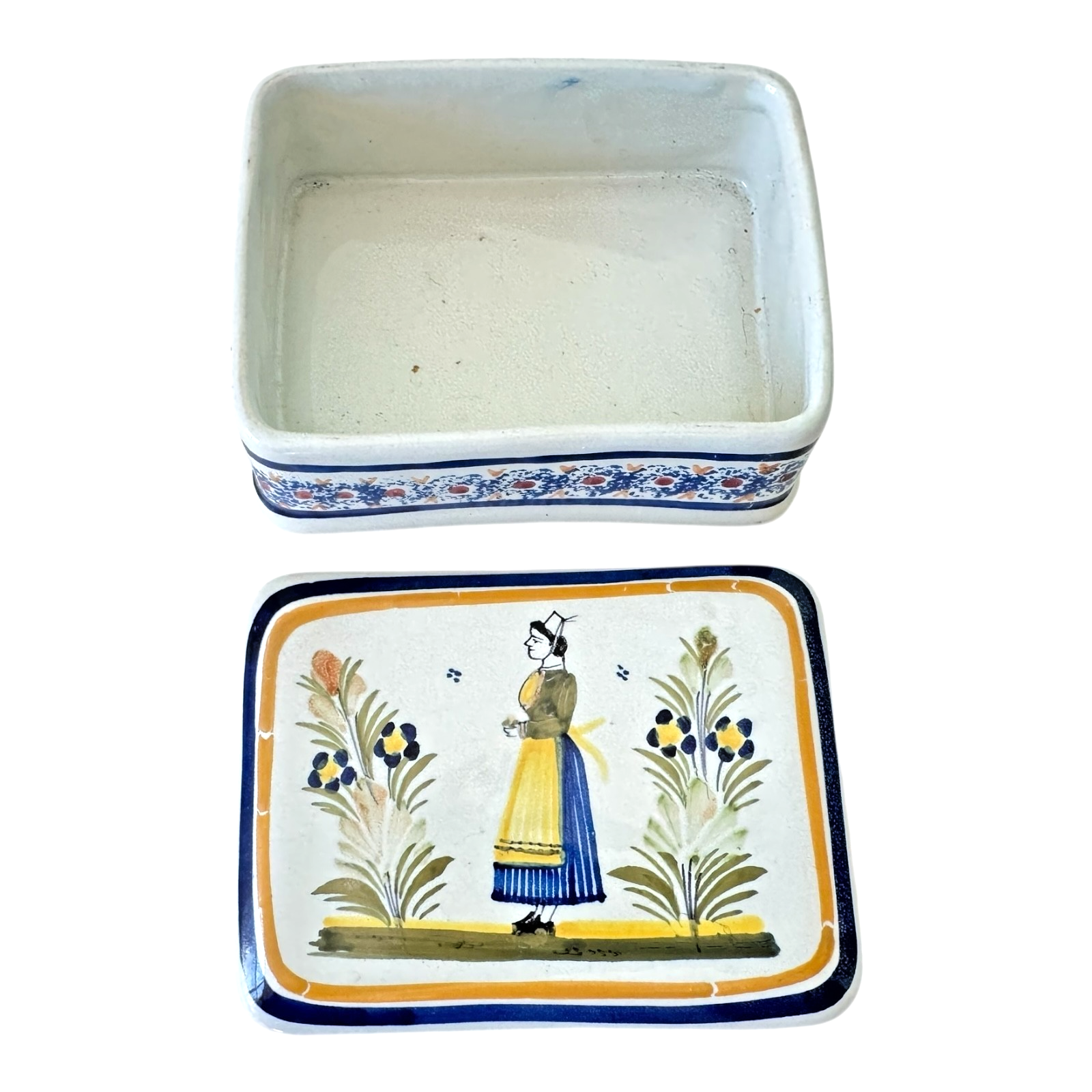 Vintage Henriot Quimper France Lidded Trinket Box with Breton Woman - Signed