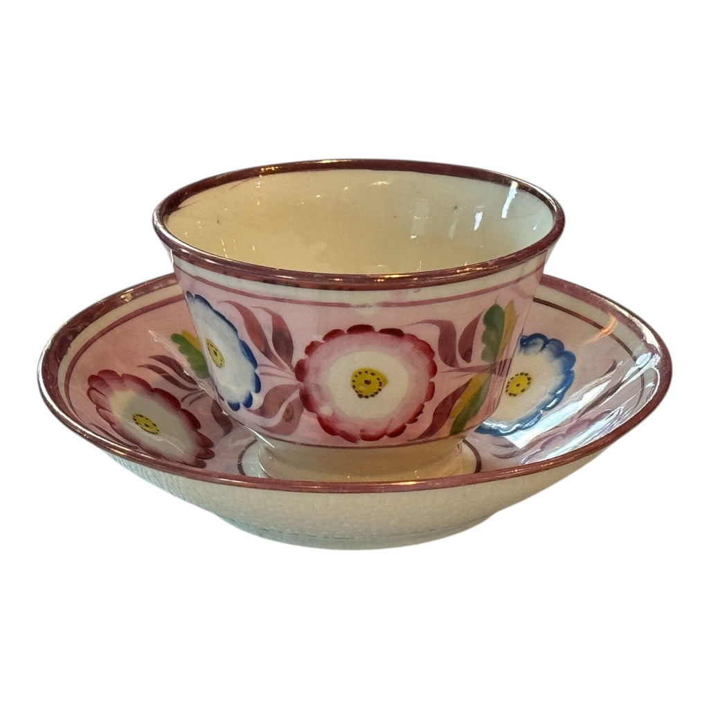 Antique Staffordshire Pink Lustre Lustreware Floral Cup & Saucer