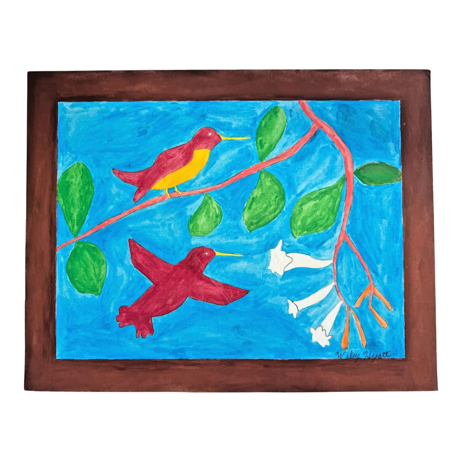 Vintage American Folk Art Primitive Outsider Art Hummingbird Painting - Signed