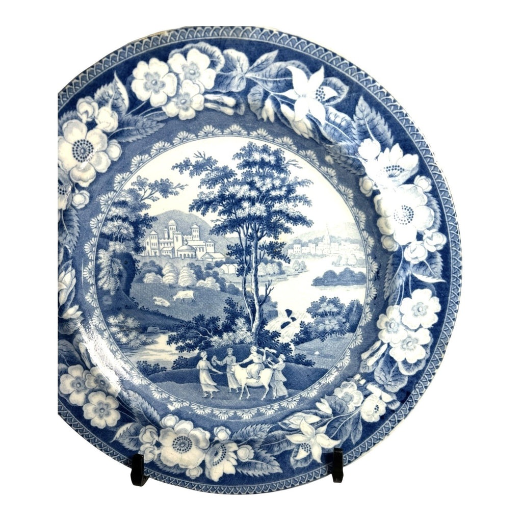 Antique Staffordshire Blue Transferware Riley Plate - Village Ladies
