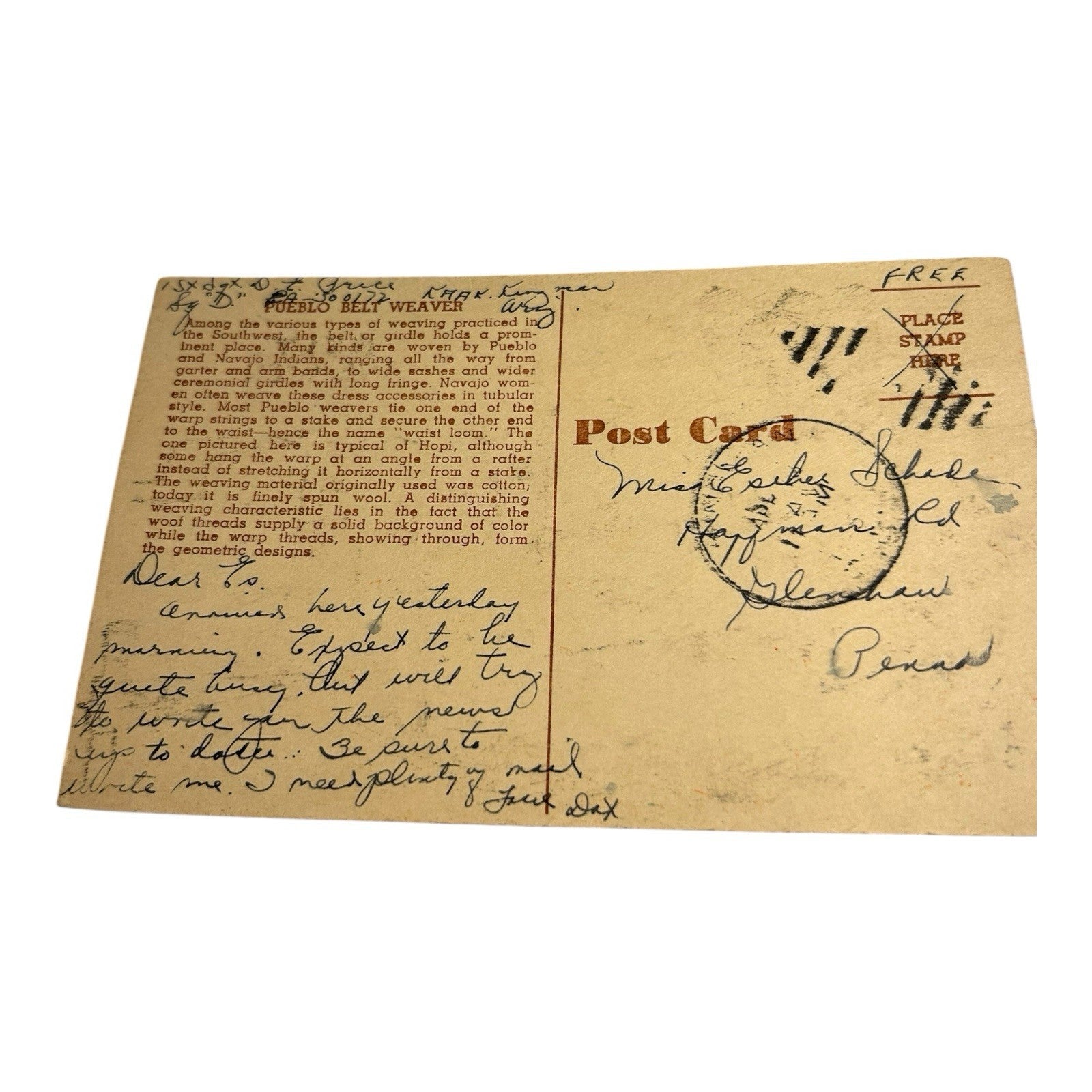 Antique Yucca Wood Pulp Native American Post Card
