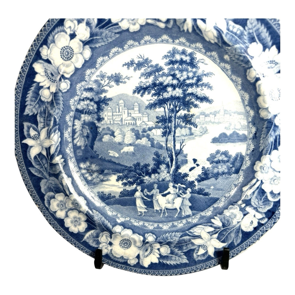 Antique Staffordshire Blue Transferware Riley Plate - Village Ladies