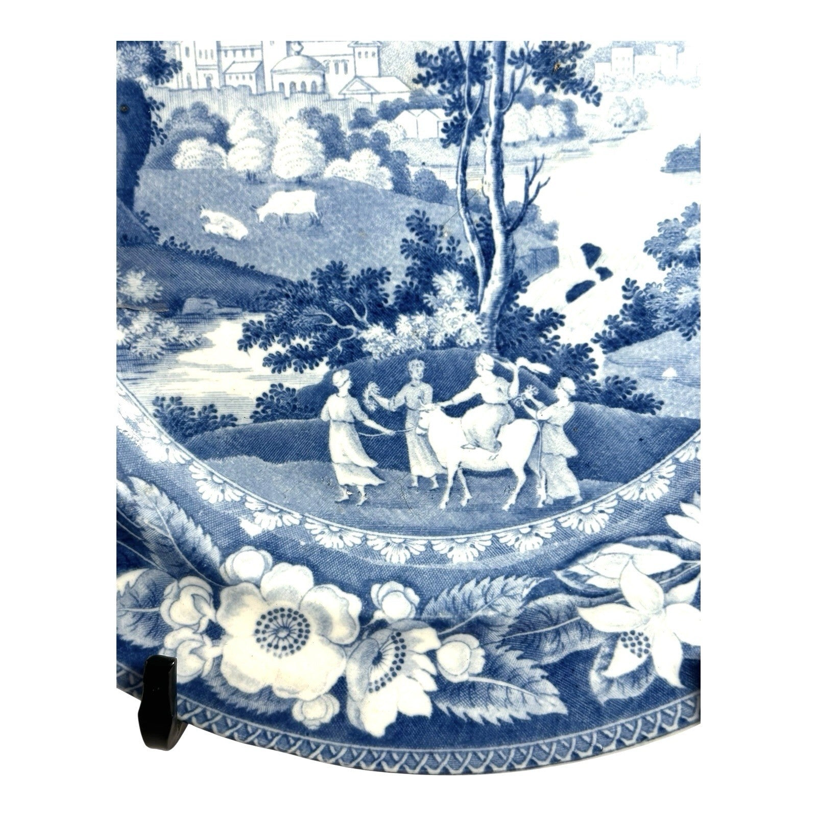 Antique Staffordshire Blue Transferware Riley Plate - Village Ladies