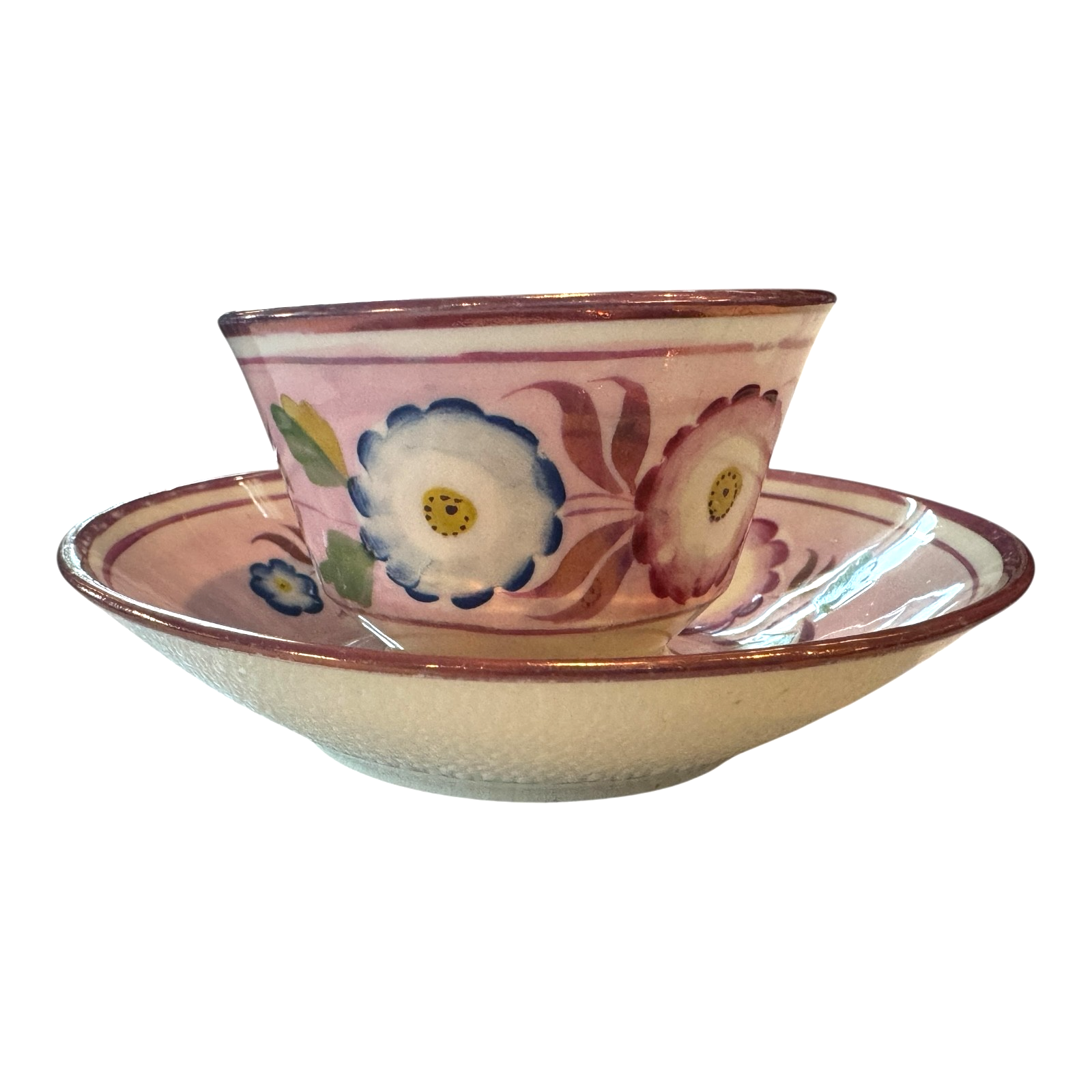 Antique Staffordshire Pink Lustre Lustreware Floral Cup & Saucer