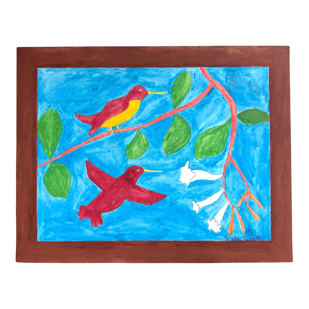 Vintage American Folk Art Primitive Outsider Art Hummingbird Painting - Signed