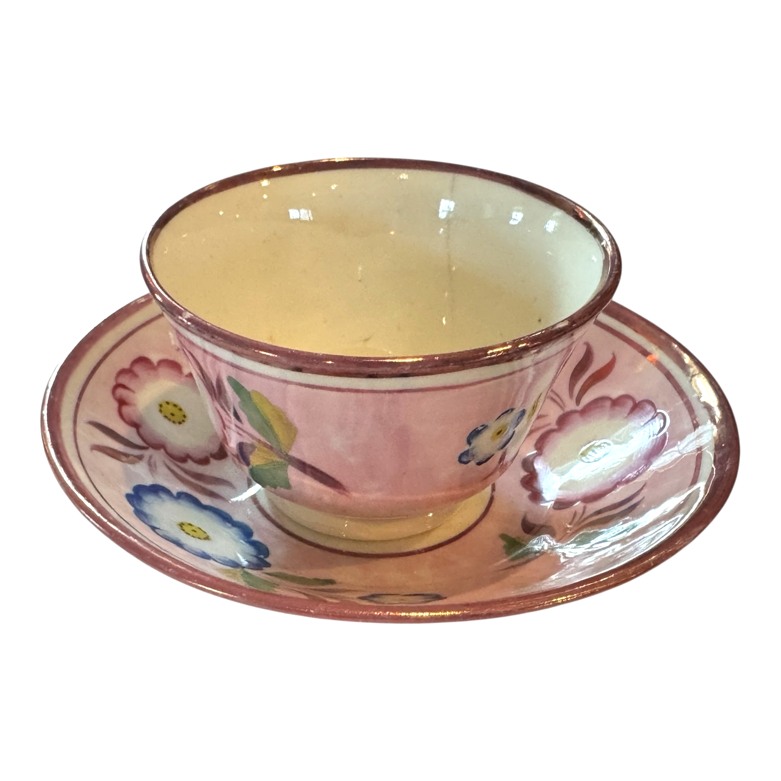 Antique Staffordshire Pink Lustre Lustreware Floral Cup & Saucer