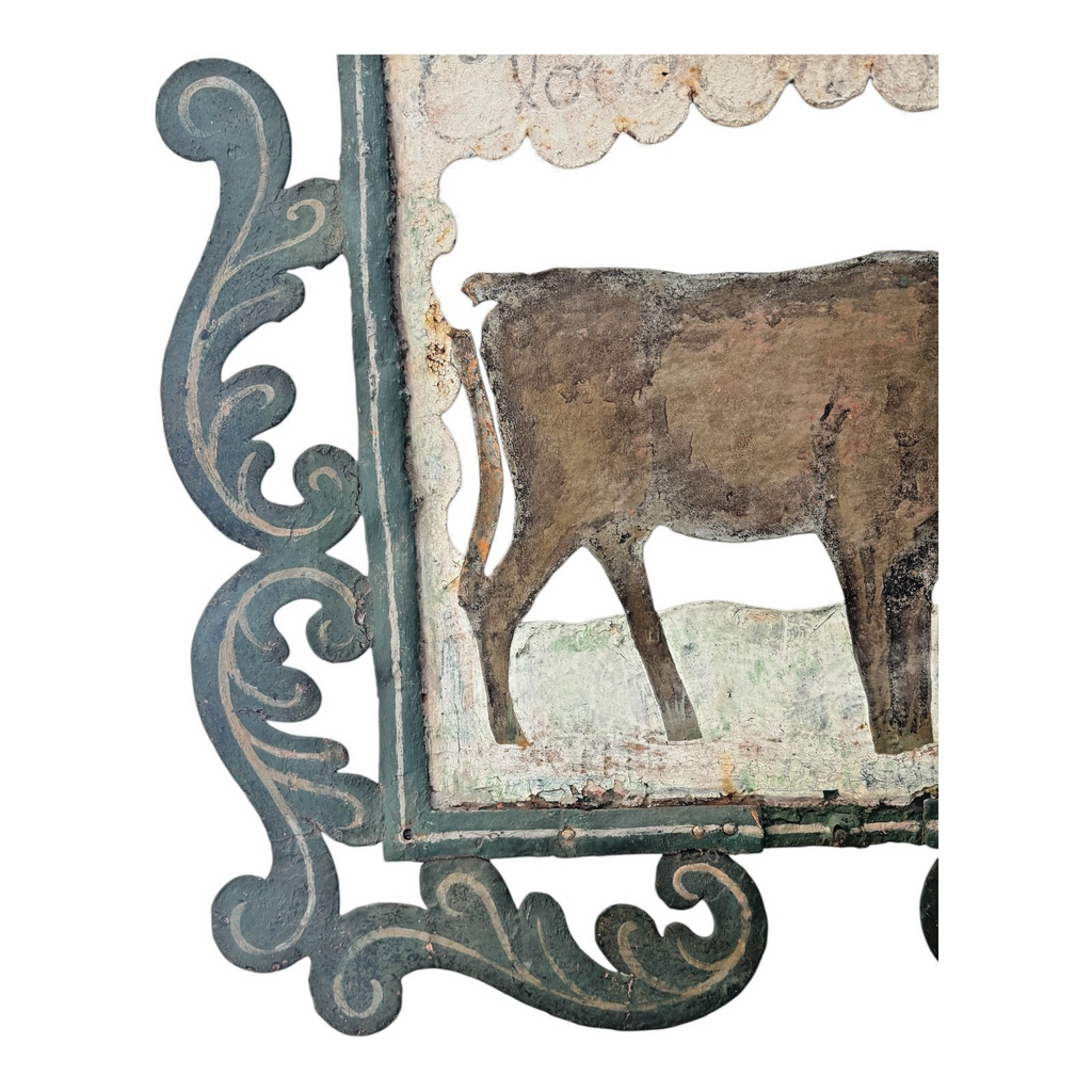 Antique Early 1900s American Folk Art Hand-Cut Metal Ranch Trade Sign, Steer/Cow