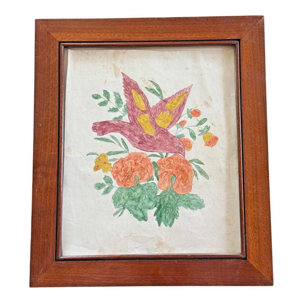 Antique Pennsylvania Folk Art Watercolor Drawing of Bird & Flowers - Framed