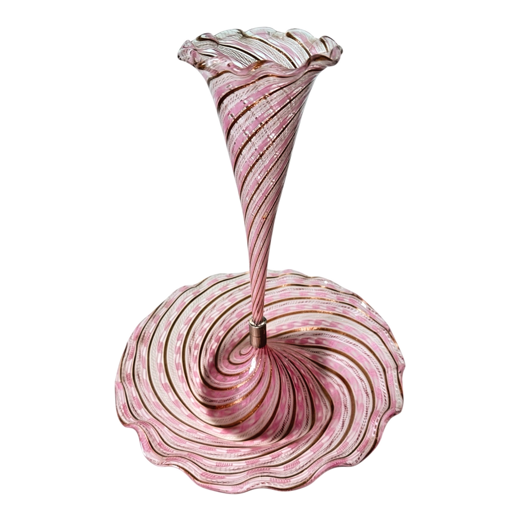 Vintage Murano Art Glass Pink Latticino Zanfirico Swirled Ruffled Trumpet Vase