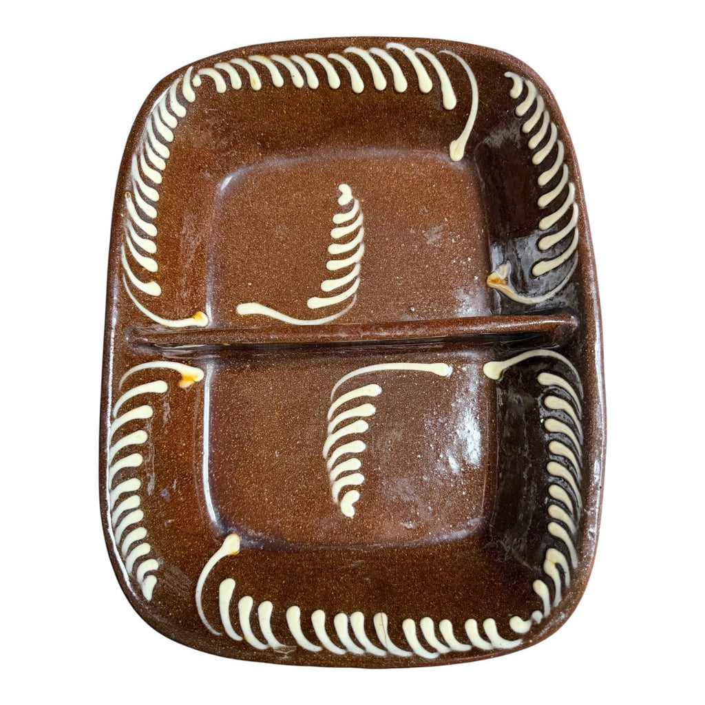 Antique Redware Slip Decorated Slipware Pottery Divided Serving Dish