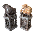 Antique Chinese Hand Carved Soapstone Seal Stamps Figure Pair - Animal Finials
