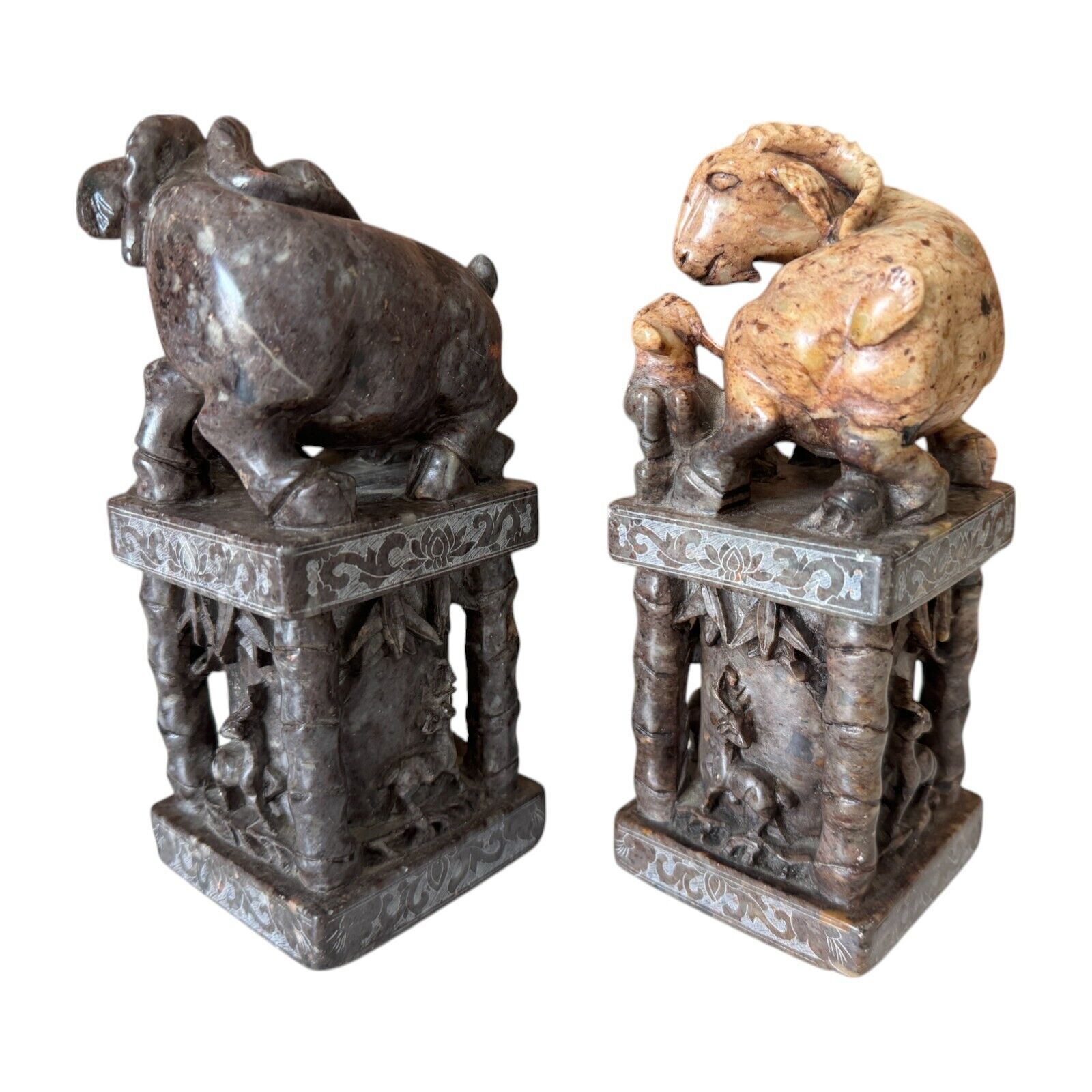 Antique Chinese Hand Carved Soapstone Seal Stamps Figure Pair - Animal Finials