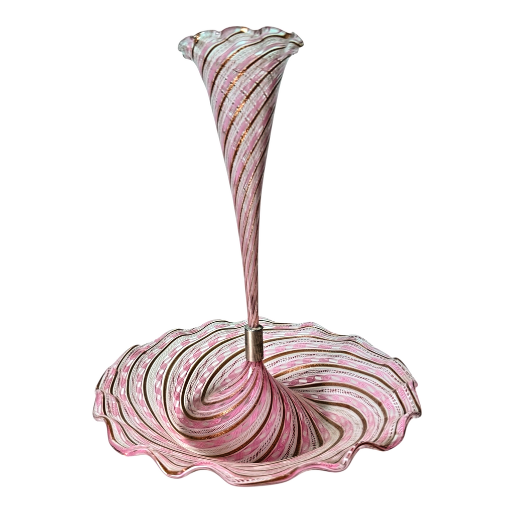 Vintage Murano Art Glass Pink Latticino Zanfirico Swirled Ruffled Trumpet Vase