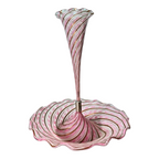 Vintage Murano Art Glass Pink Latticino Zanfirico Swirled Ruffled Trumpet Vase