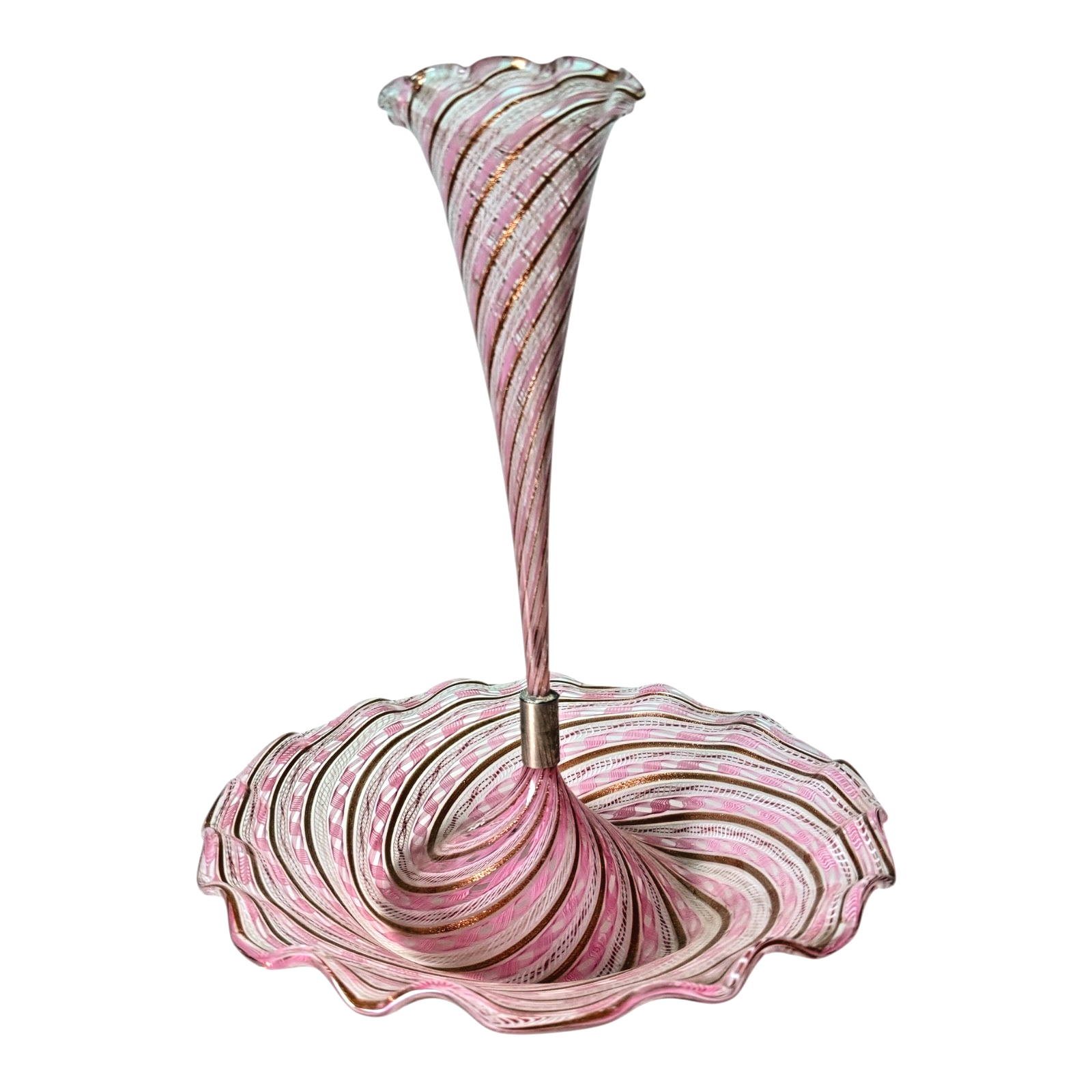 Vintage Murano Art Glass Pink Latticino Zanfirico Swirled Ruffled Trumpet Vase