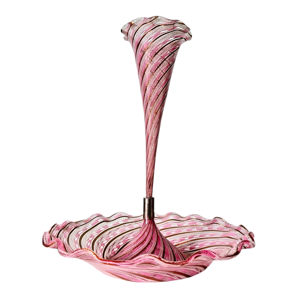 Vintage Murano Art Glass Pink Latticino Zanfirico Swirled Ruffled Trumpet Vase