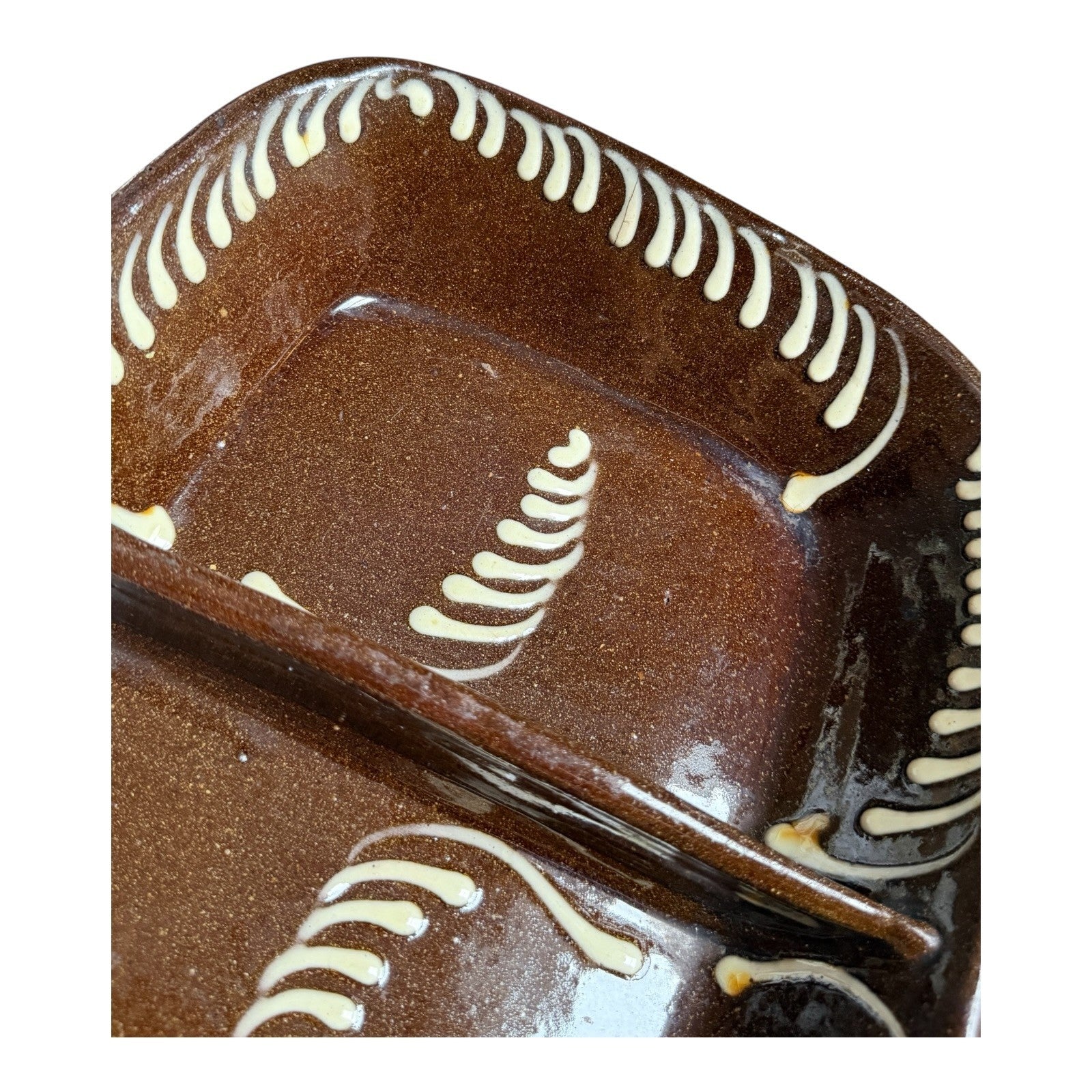Antique Redware Slip Decorated Slipware Pottery Divided Serving Dish
