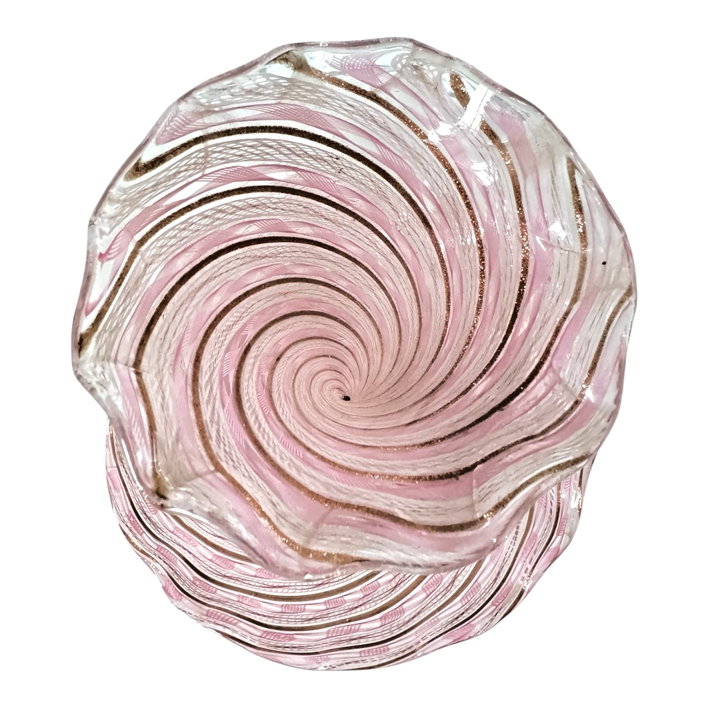 Vintage Murano Art Glass Pink Latticino Zanfirico Swirled Ruffled Trumpet Vase