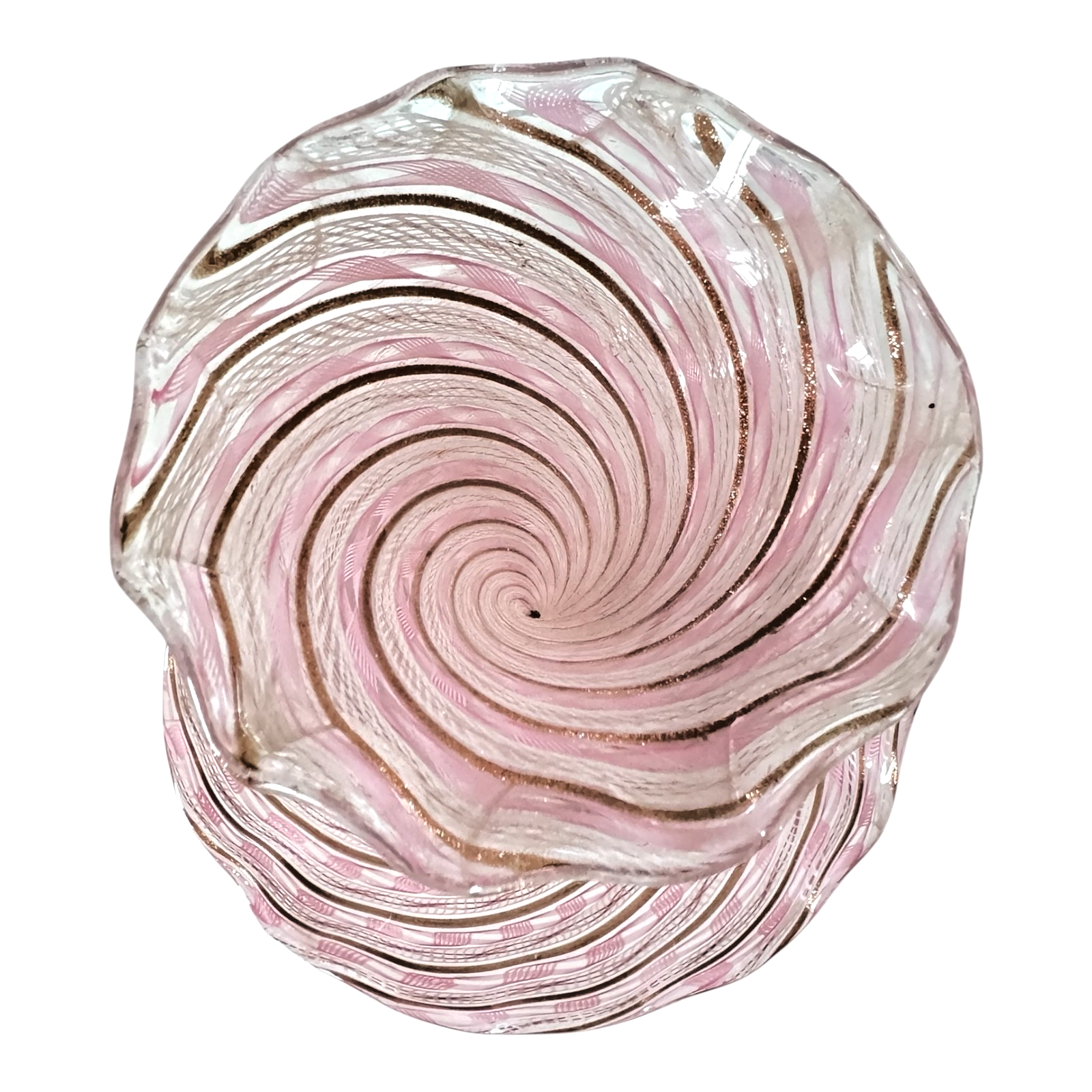Vintage Murano Art Glass Pink Latticino Zanfirico Swirled Ruffled Trumpet Vase